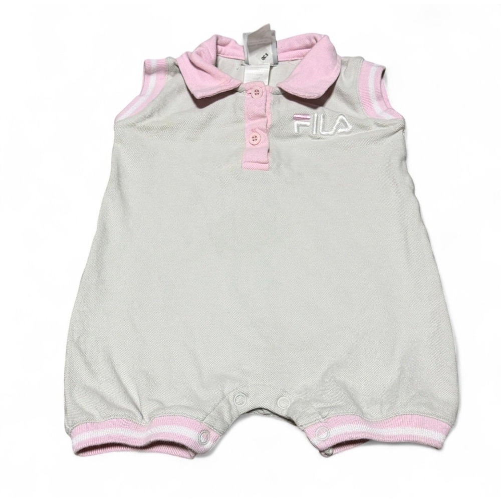 Y2K FILA Baby Girls Polo Romper Pink White Sleeveless One Piece Size 18 Months